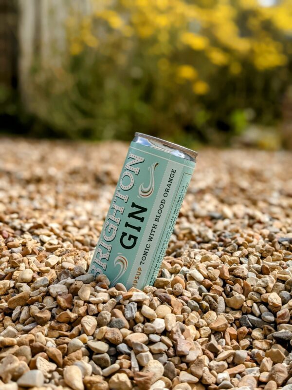 A can of Brighton Gin on a beach.