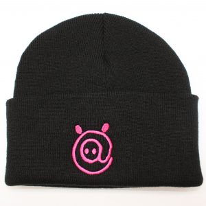 black beanie hat with pink logo