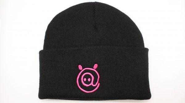 black beanie hat with pink logo